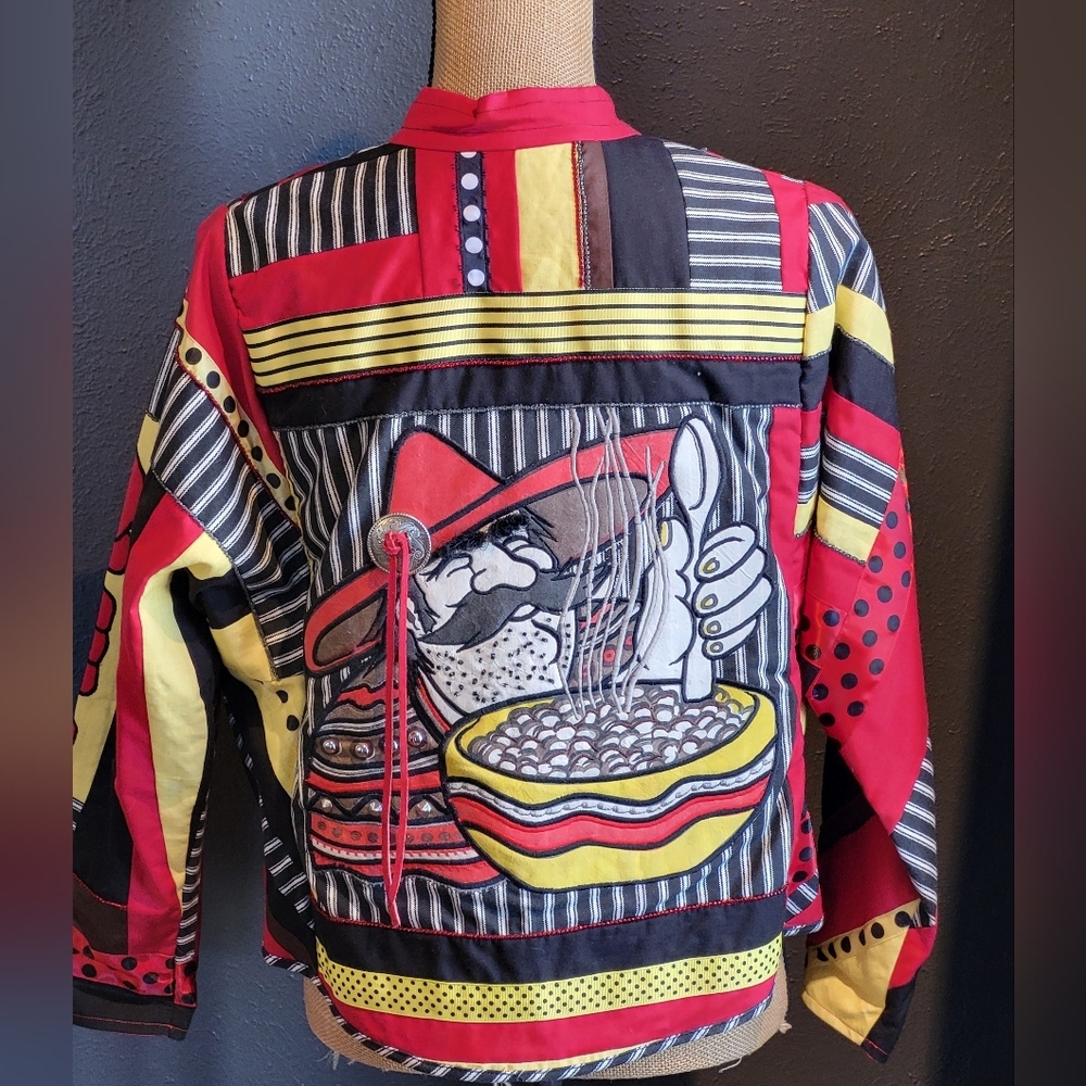 Vintage Handmade Western Themed Open Jacket Medium Red Yellow Black